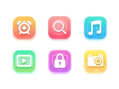 Colorful icon camera clock colorful glass icon locks magnifying music video