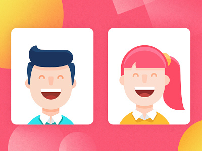 two head blue boy cartoon cute female girl head，card male pink smile two yellow