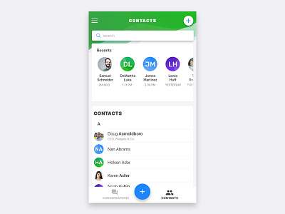 Connect App UI add contact button call cards clean color contacts green mobile plus ui ux