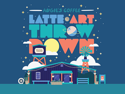 LATTE ART THROW DOWN augies coffee blue building california coffee coffee shop flyer green illustration latte latter art pastel purple ranch space stars temecula throwdown vail ranch yellow