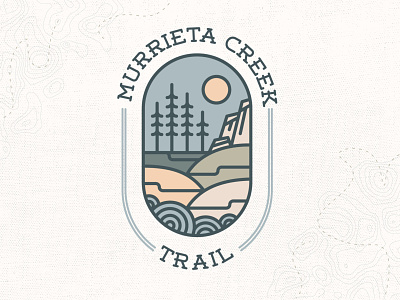 MURRIETA CREEK TRAIL blue camp creek green hike hills icon illustration logo logo design mountains muted colors nature patch pine tree trail trees typography vector yellow