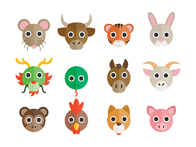 Happy Lunar New Year animals flat illustration zodiac