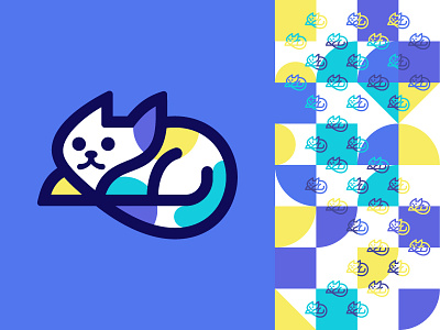 Cat abstract geometric pattern brand identity cat logo mark logo design for sale playful animal character