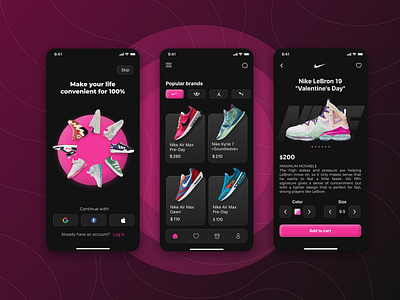 Sneaker store app app design brand dark theme design e commerce shoes gradient mobile mobile app nike on boarding shoes onboarding shoes shoes app shoes shop sneaker shop sneakers ui uix ux