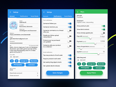 Day 007 Multiple settings account android app daily flat illustration material media notifications social toggle ui