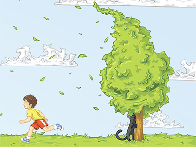 Wind boy cat character illustration tree vector