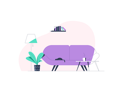 Empty state illustration bookshelf cat coffee empty state illustration illustrator leavingroom light plant sofa