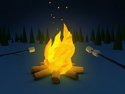 Campfire c4d fire low poly lowpoly marshmellows night render tree line
