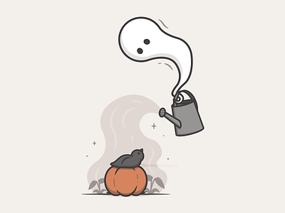 Ghostie Gardening autumn cozy crow dtiys fall ghost illustration linework magical pumpkin vector