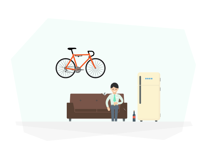 Furnished room 3 bike bottle character couch fridge furniture guy living room wine