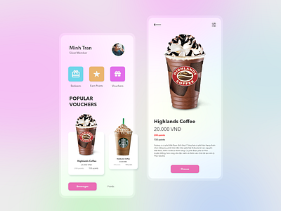 Coffee Voucher app beverages business cafe coffee color concept design drinks highlands icons mobile mobile app design mobile ui pastel popular starbucks ui ux voucher