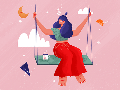 the swing character design giant feet girl illustration moon pattern procreate swing tea texture