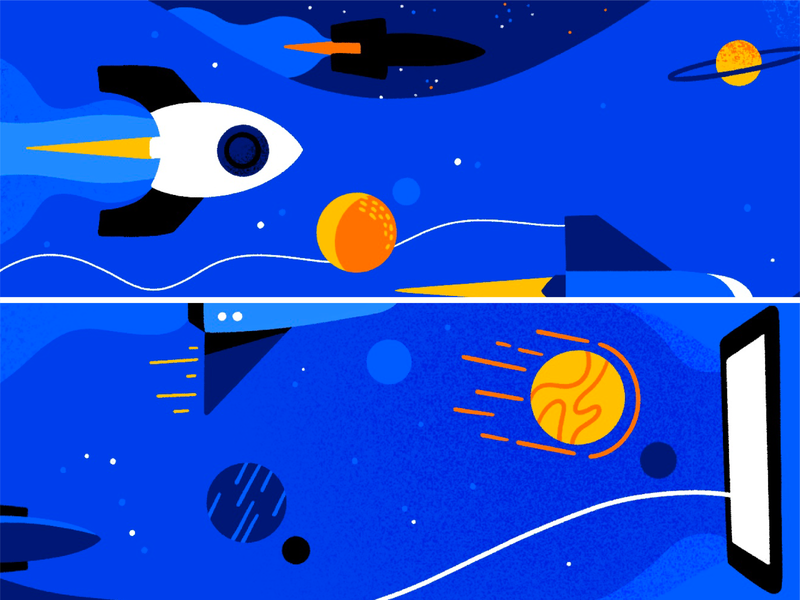 on the move 🚀 art banner concept design future illustration ipad mockup phone planets procreate rocket rocket ship space texture web