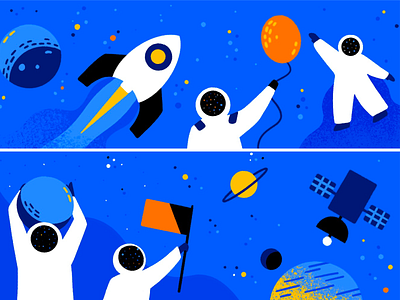 fun in space 💫 astronaut balloon banner character concept design flag galaxy illustration moon party planets procreate satellite space stars texture ui web website