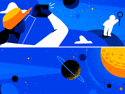 space capture astronaut banner camera capture catching character clouds design hand drawn illustration outerspace planets procreate series sky space stars texture ui web banner