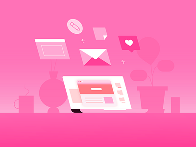 pink daze 🌸 chatting computer design desk email icons illustration laptop pink plants scene wfh work working