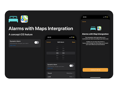 Alarms with Maps Intergration alarm branding clock design ios maps mockup navigation redesign ui