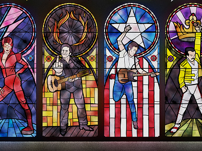 Church of Rock & Roll Poster aiga bruce springsteen church of rock and roll david bowie foxy shazam freddie mercury illustration jacksonville johnny cash queen rock stained glass