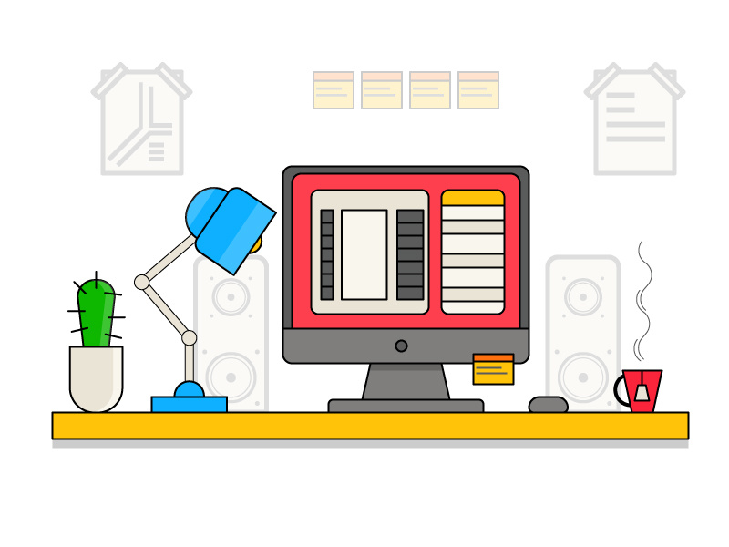 Designer table workspace workplace vector table photo illustration flat edit designer character camera