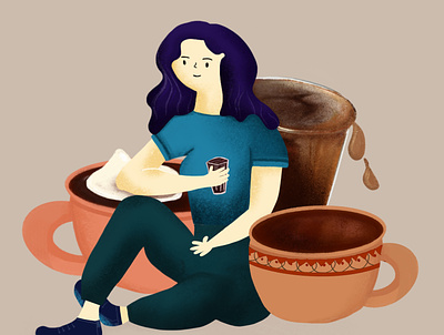 How many cups of coffee would you like? cafe ilustration caffein character character design coffee coffee beans coffee cup concept editorial illustration girl illustration malaysia procreate productivity