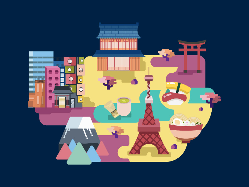 Tokyo City landscape city vibrant spring color pop culture sushi mount fuji shrine map illustration japan tokyo