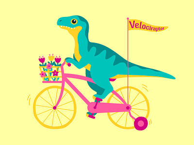 Velociraptor on a bike affinity designer animal bike biking cartoon cute dinosaur delivery service dino dinosaur flat design flower fun graphic design pun simple illustration vector art vector illustration velociraptor