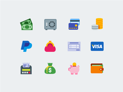 Finance bank cards banknotes coins flat icons icon icons invoice money safe vector icons visa wallet