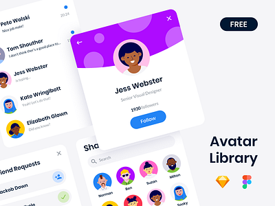 Free Avatar Library animation assets avatar create drawer face figma free freebie illustration library lottie man photo profile sketch symbol ui vector woman