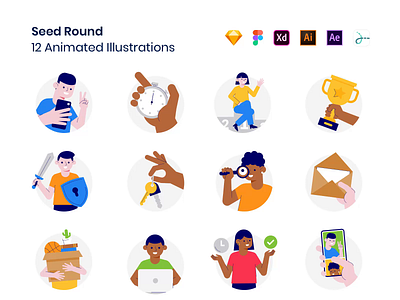 Seed Round Animations animation assets drawer envelope hand landing lottie mobile move password product protection scroll search selfie trophy vector vpn watch win