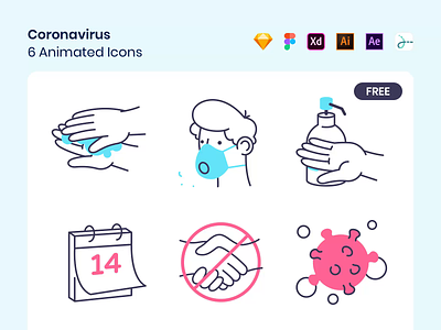 Coronavirus Icons animation assets breath calendar contact coronavirus covid-19 drawer face free hands icon lottie mask quarantine soap spread vector virus washing