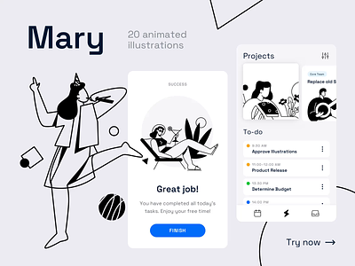 Mary Animated Illustrations animated animation app cards dashboard design drawer files illustrations landing list lottie mary product projects success svg to-do ui vector