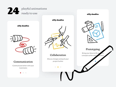 Silly Doodles animation collaboration communication design doodles drawer file hand hands lottie paper pencil prototype ruler silly sketch team teamwork ui work