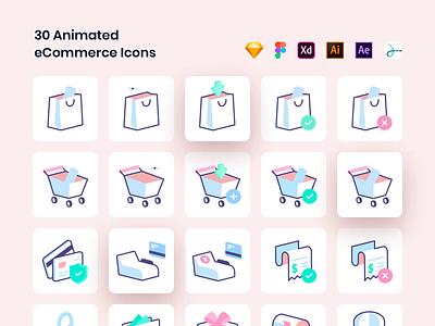 Essential eCommerce Icons animated animation app bag brand card cart drawer ecommerce eshop icons illustration invoice lottie market payment product set shopping vector