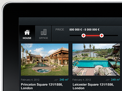 Real Estate listing app gui interface ipad real estate slider ui