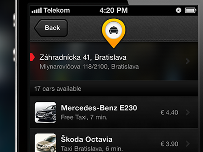 Taxi Ordering Application Listing app black gui interface ios iphone listing order taxi taxicar ui ux