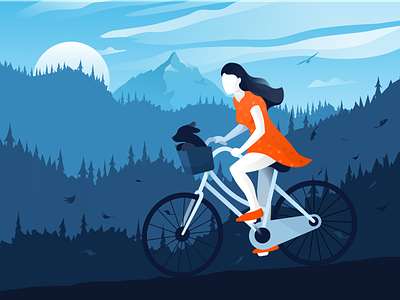 Autumn Girl bike dog flat forest girl illustration leaves modern mountain web