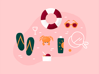 Summer 2019 beach buoy crab flip flops hand drawn icecream illustration racket summer sunglasses