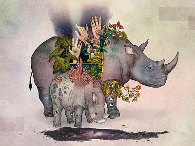 Stardust l animals children digital flower hand illustration ink rhinoceros stardust watercolor