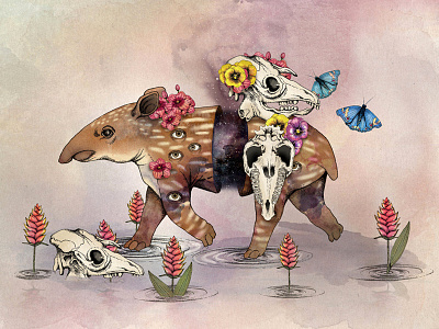 Stardust ll animal butterfly digital flower illustration ink skull stardust tapir watercolor
