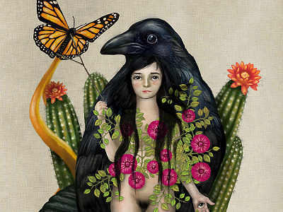 Nostalgia Remedy butterfly cactus crow digital flower girl illustration monarch raven
