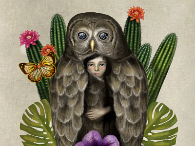Solitude Remedy butterfly cactus digital flower girl illustration owl stars