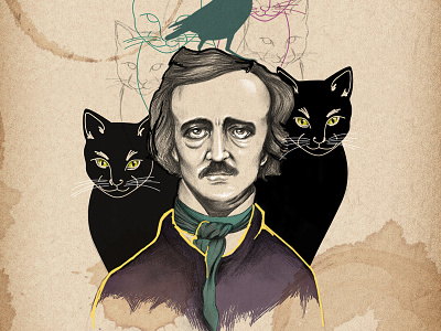 Edgar Allan Poe allanpoe art cat coffee crow drawing illustration poe raven sketch writer