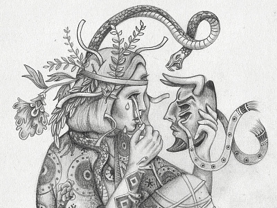 The reflection of a monster black and white devil drawing flowers girl graphite illustration pencil sketch sketchbook snake