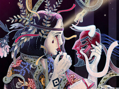 The reflection of a monster art devil digital art drawing floral girl illustration ink mixed media snake watercolor