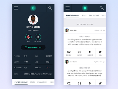Player Profile for Baseball App baseball mobile navigation scrolling navigation stats