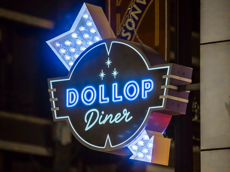 Custom sign fabricated and installed for Dollop Coffee chicago vintage sign marquee sign exterior sign coffee led neon sign signage