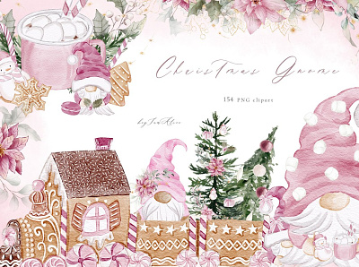 Christmas Gnome Pink Templates noel watercolor clipart