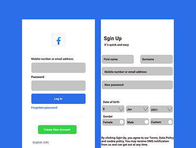 Facebook log in and sign up app graphic design motion graphics ui ux