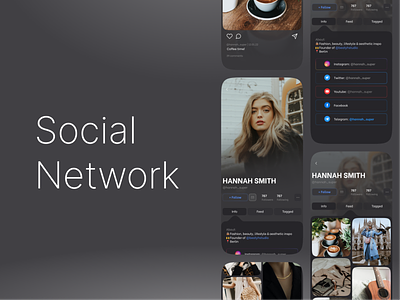 Social Network App freebie app blur dark theme fashion feed flat minimalistic modern profile simple social network tabs ui