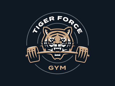 Tiger Force GYM animal barbell design face force gym logo illustration logo mascot mascot logo sport sports logo tiger tiger logo